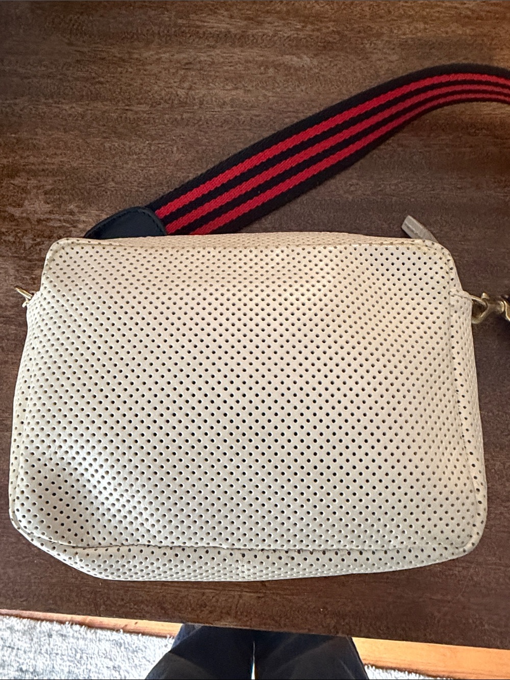 Cream Crossbody Bag with Multicolor Stripe and Red-Black Webbing Strap - Picture 4 of 9